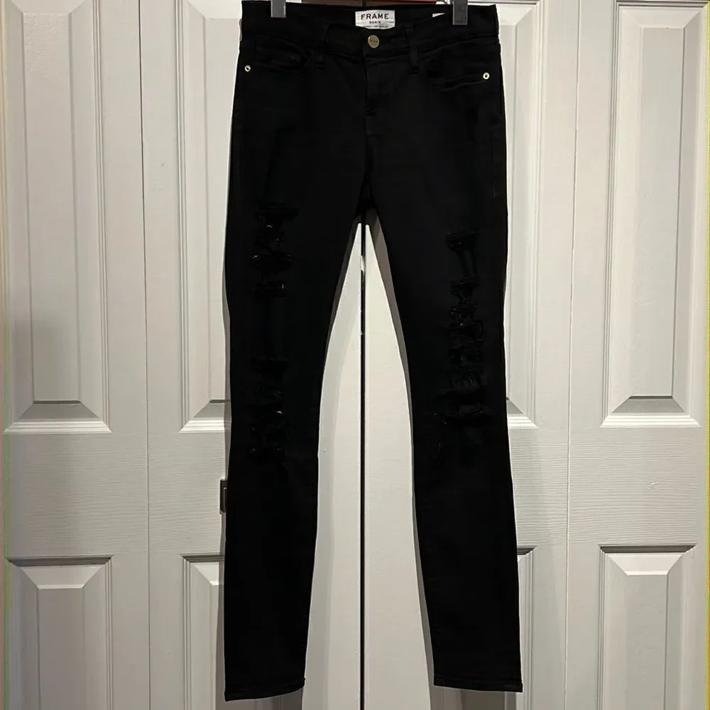 Frame Black Distressed Skinny Jeans Size 26 - Picture 1 of 12